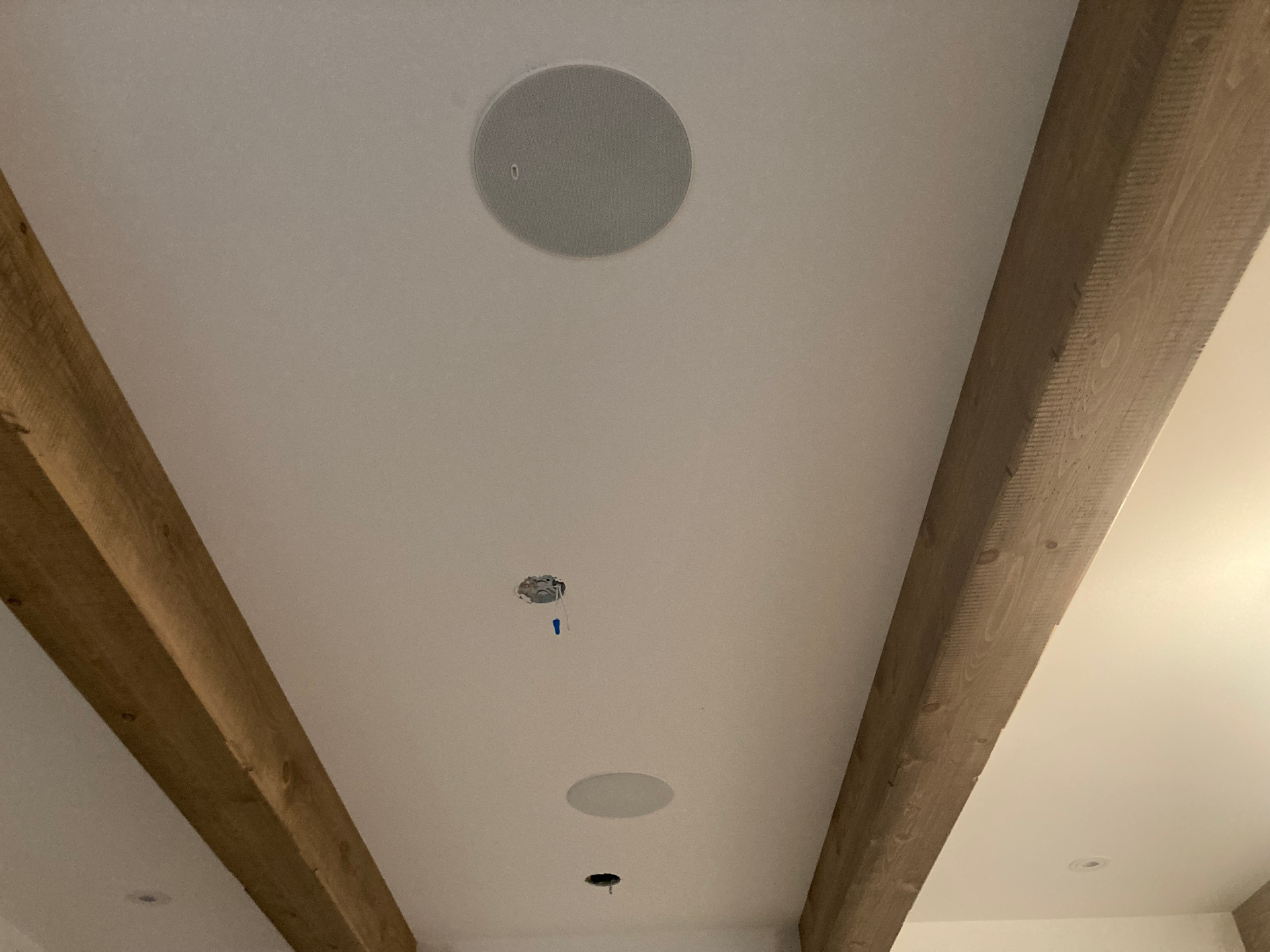 In-ceiling speakers — beamed great room