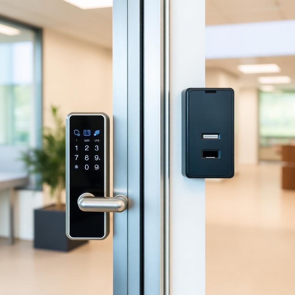 Keypad and card reader access control system installed on a glass office door