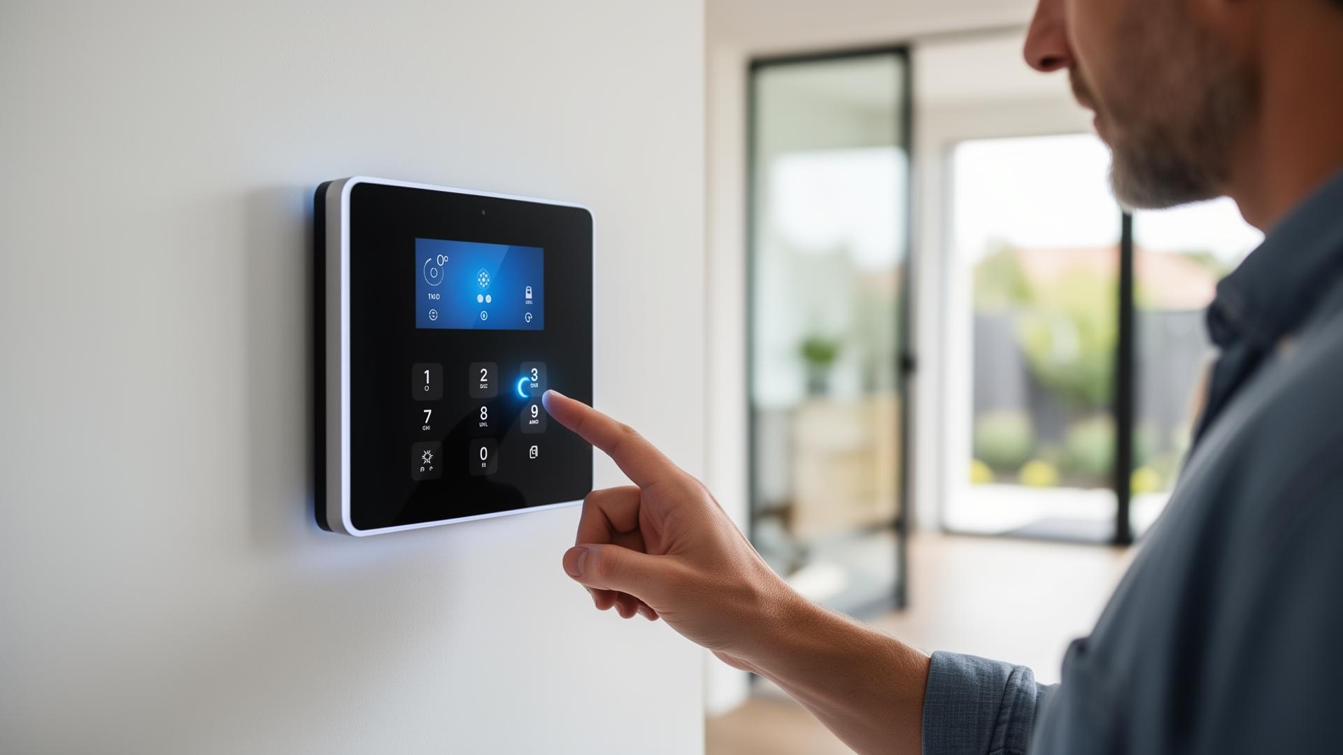 Homeowner arming a smart alarm keypad in a modern entryway