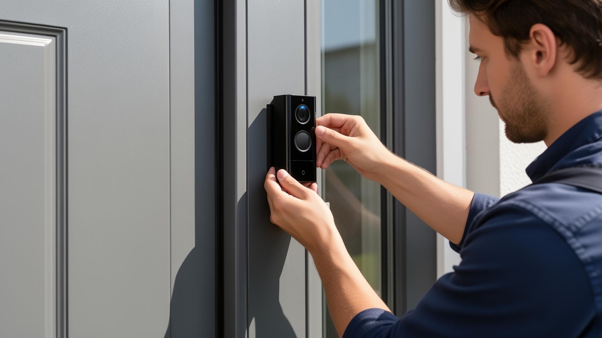 Technician installing a smart video doorbell next to a front door