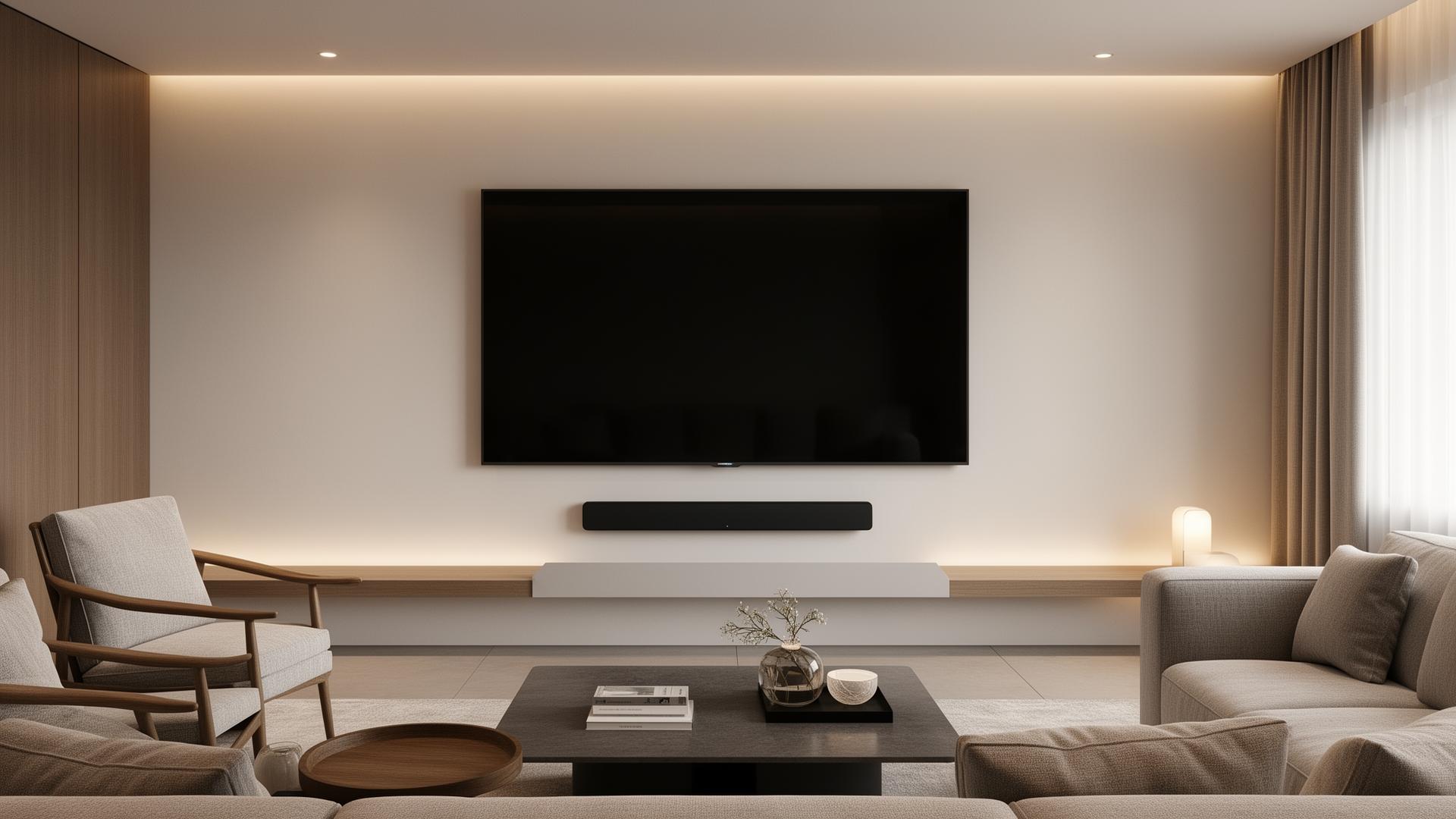 Flat-screen TV professionally wall-mounted with soundbar in a modern living room